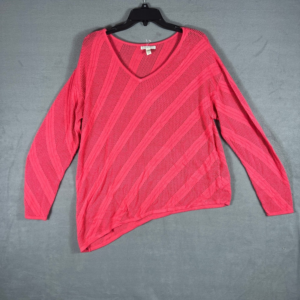 Dana Buchman Womens Sweater XL Pink Asymmetrical Pointelle Knit V-Neck Pullover